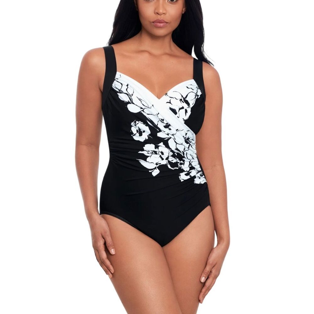 Miraclesuit Black White Floral Sub Rosa Sanibel One Piece Swimsuit S